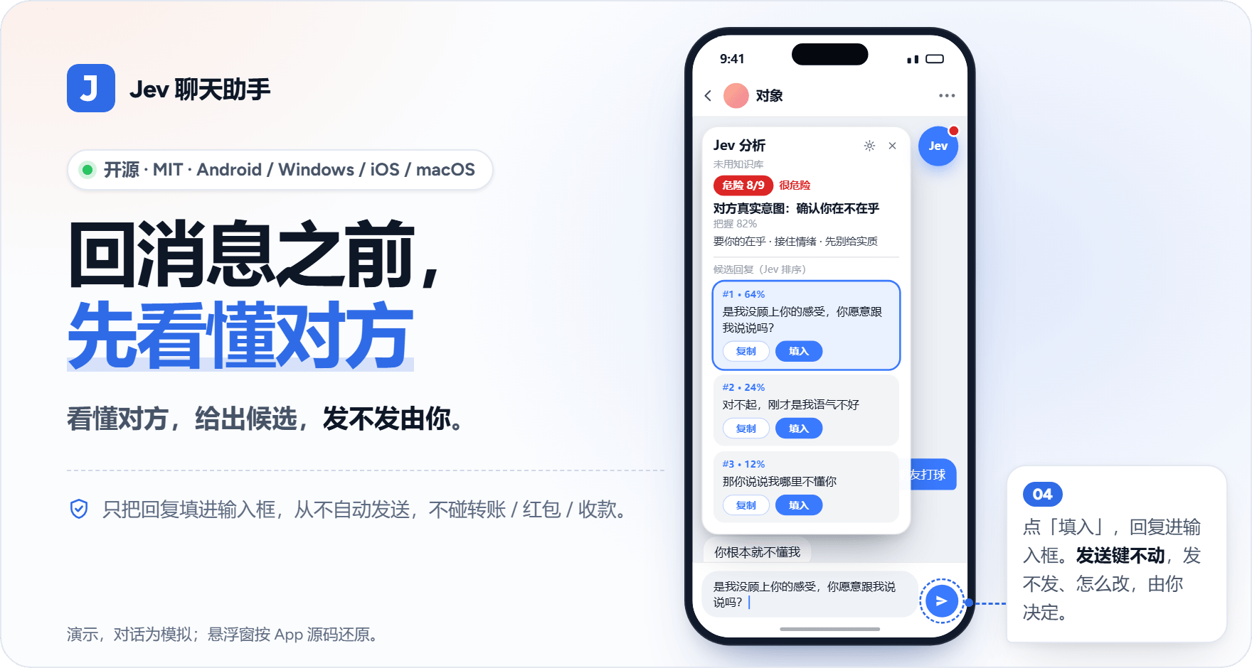 Jev 聊天助手：回消息之前，先看懂对方。看懂对方，给出候选，发不发由你。右侧是手机演示：对方发来「你根本就不懂我」，Jev 悬浮窗判断危险 8/9、对方真实意图是确认你在不在乎，给出三条排好序的候选回复；第 1 条已填进输入框，发送键不动，由你自己按。