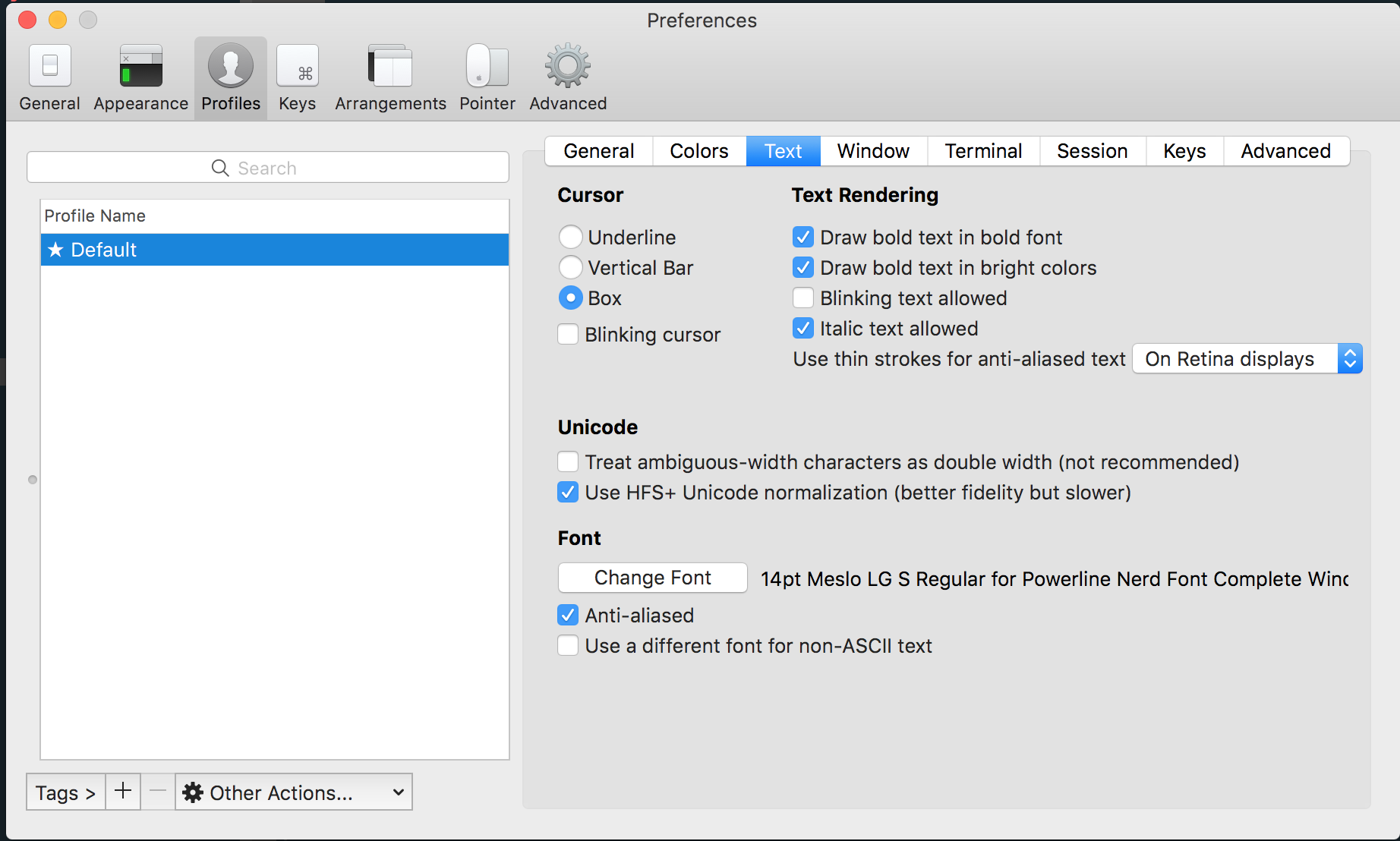 Meslo LG S Regular for Powerline Nerd Font 14pt