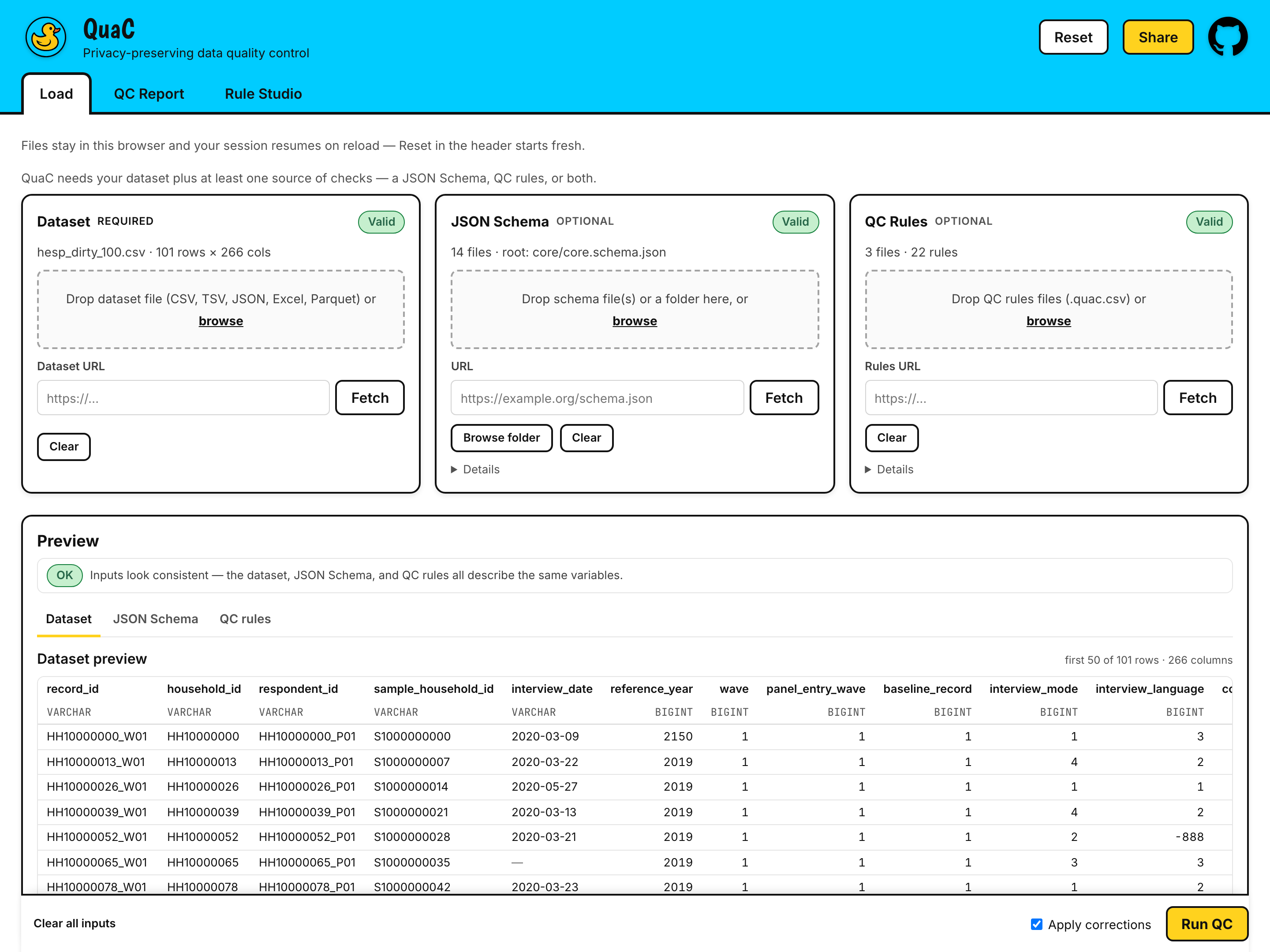 The Load view: dataset, JSON Schema and QC rules loaded, with a consistency check and a preview