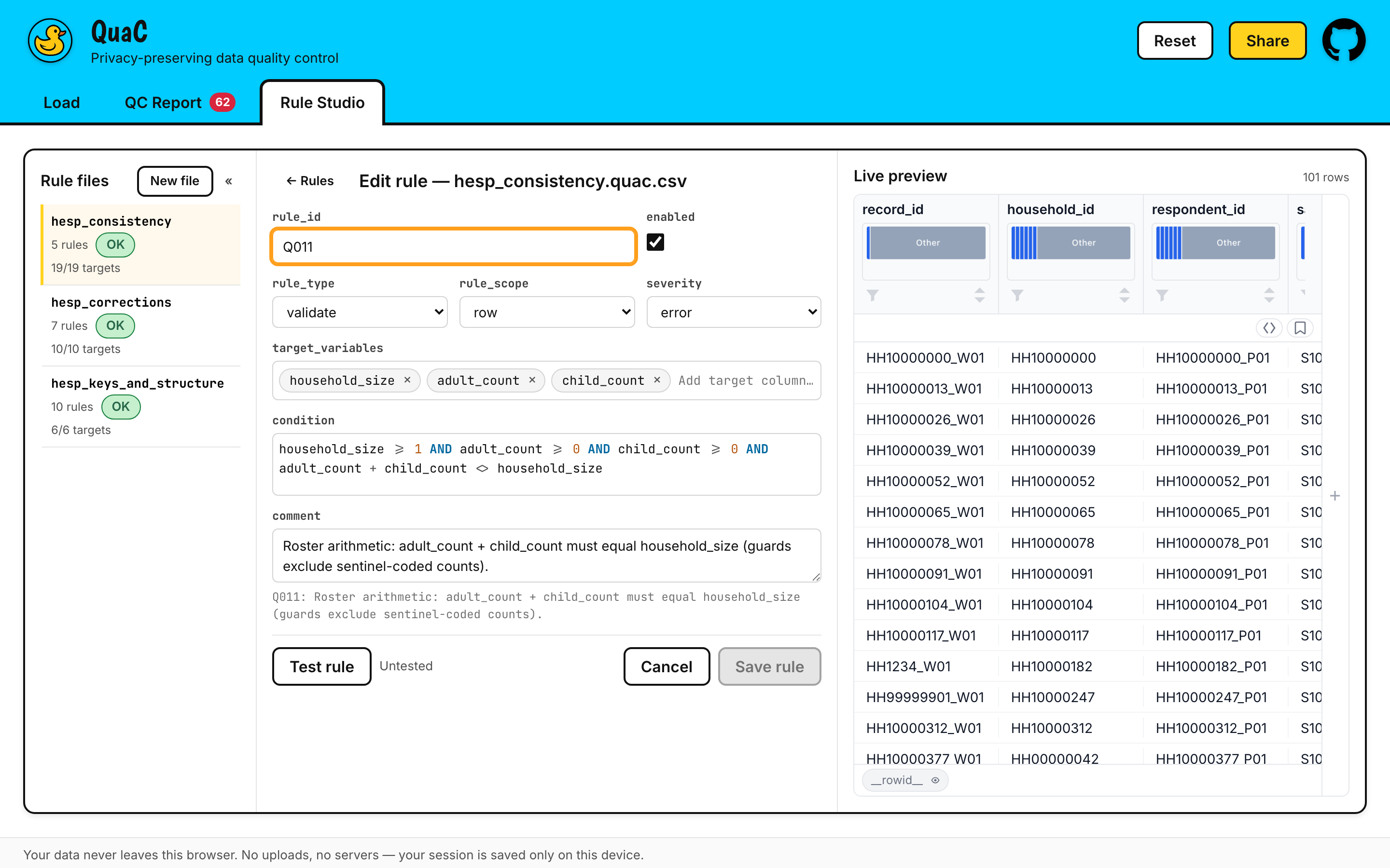 Rule Studio: the rule editor with a syntax-highlighted SQL condition and a live data preview