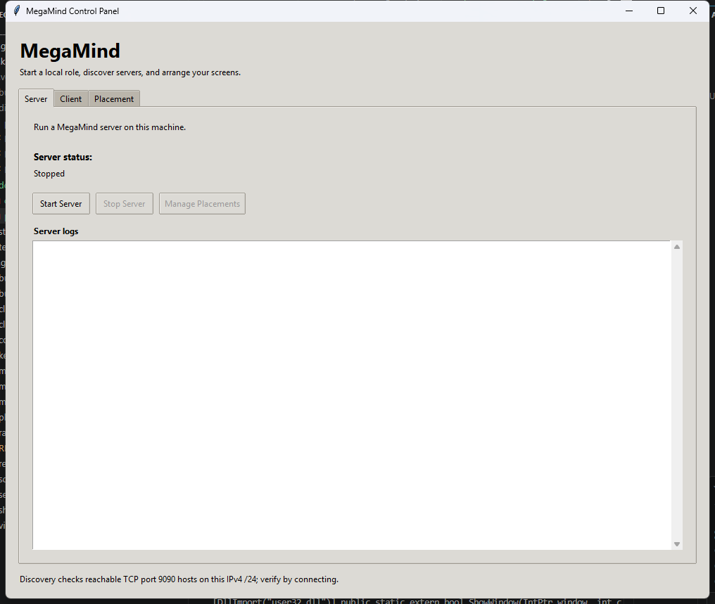 MegaMind desktop control panel with the Server tab selected