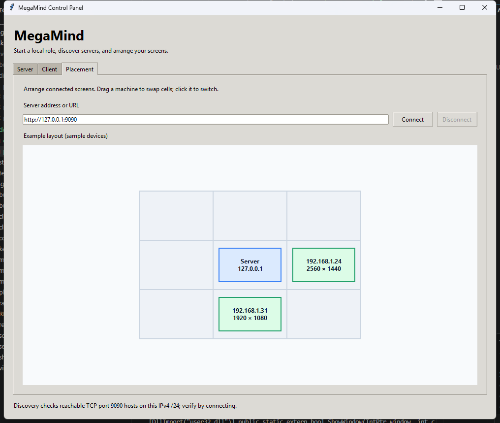 MegaMind native placement editor showing the server and sample client screens in a 3×3 grid