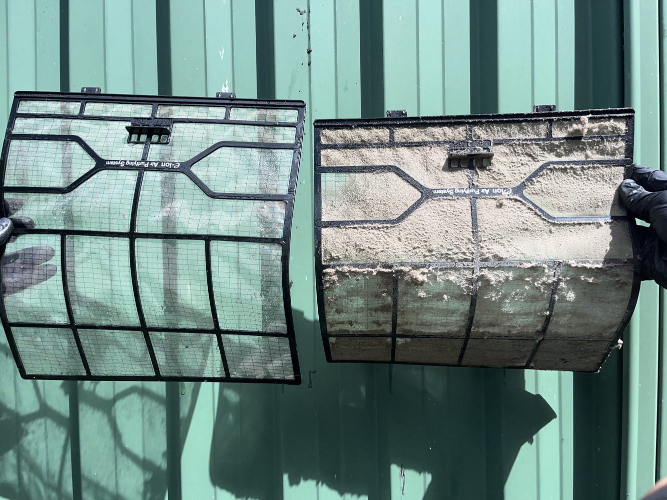 Split system aircon filters comparison showing heavy dust buildup before and after professional cleaning Sydney