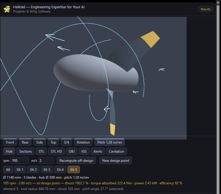 The Heliciel 3D viewer inside a conversation: the blade in 3D, view controls, export buttons, and the computed operating point