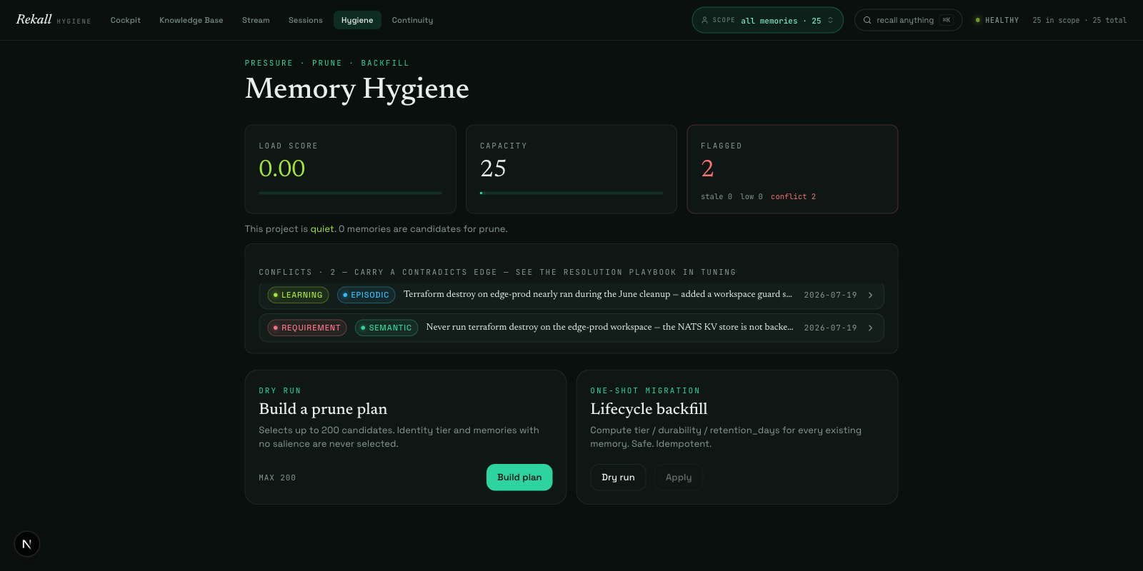 Hygiene — conflict queue, prune dry-run, and lifecycle backfill