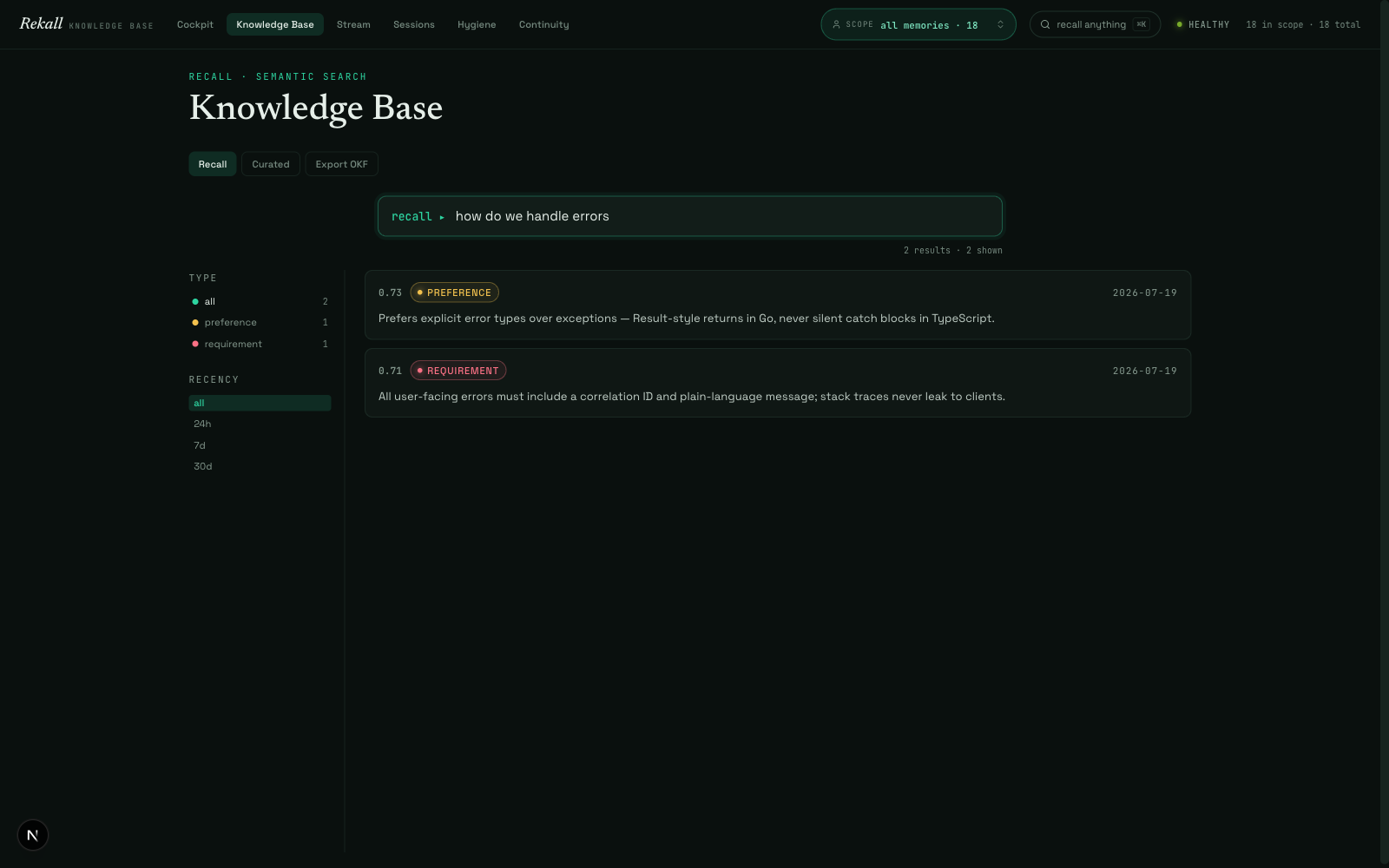 Recall workbench — semantic search with type facets
