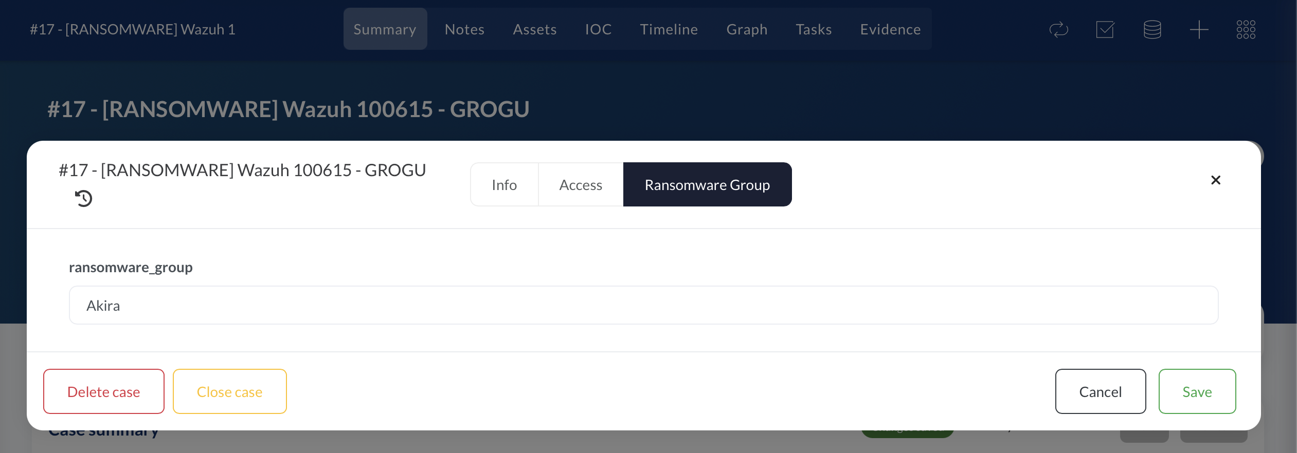 案例 #17 管理对话框,Ransomware Group 选项卡中显示 "Akira" 填入 ransomware_group 字段