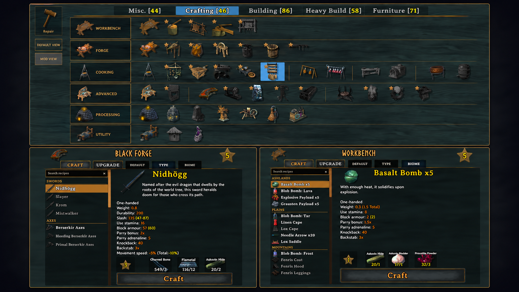 CraftGuard organized Hammer and crafting-station menus