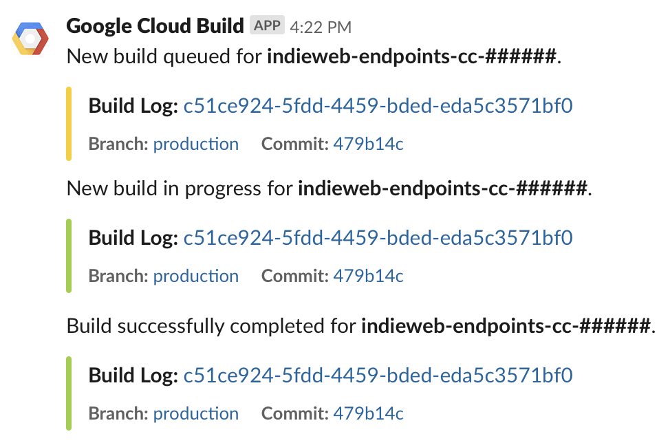 Screenshot of a Slack channel displaying Google Cloud Build notifications