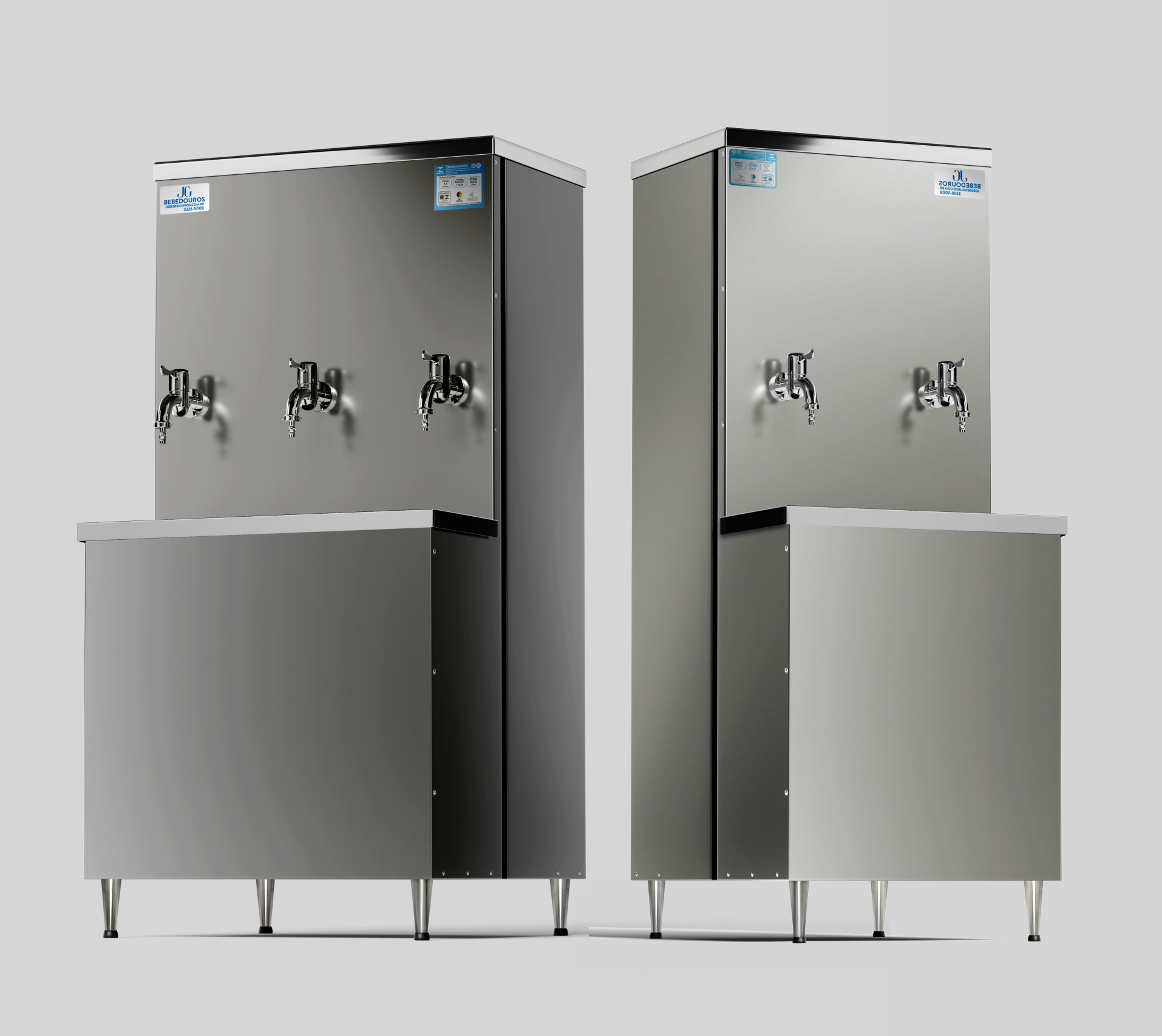 bebedouro 100 e 50 litros inox 3 e 2 torneiras lado a lado