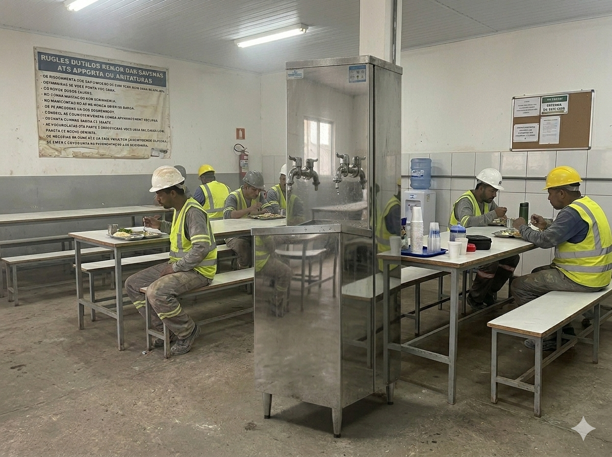 Bebedouro industrial 25 30 litros inox 2 torneiras ambiente de refeitorio de obra