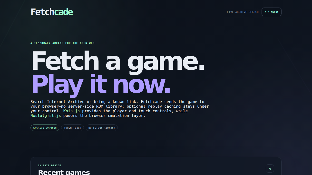 Fetchcade home with recent games