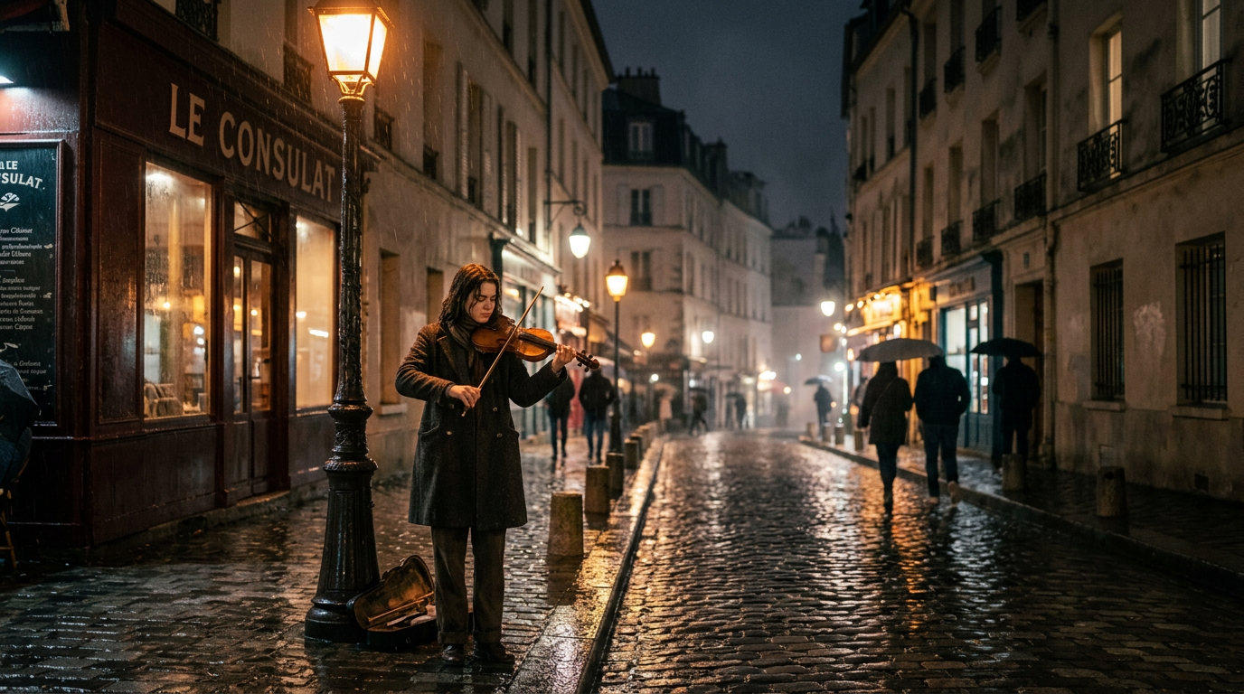Melancholy Melodies: A Parisian Violinist's Rainy Serenade