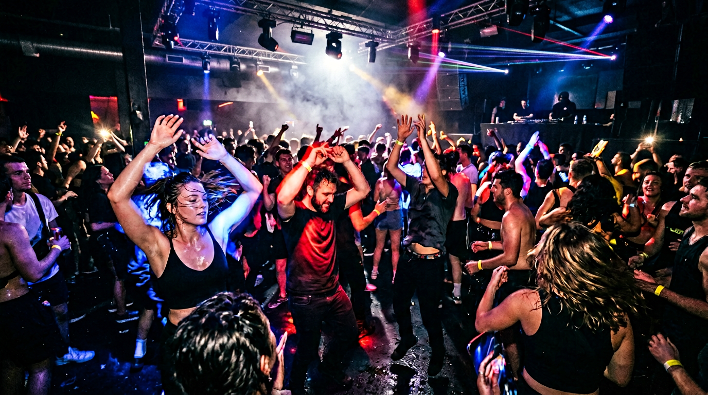 Dancers in a Strobe-Lit Club: A Dynamic Visual Journey