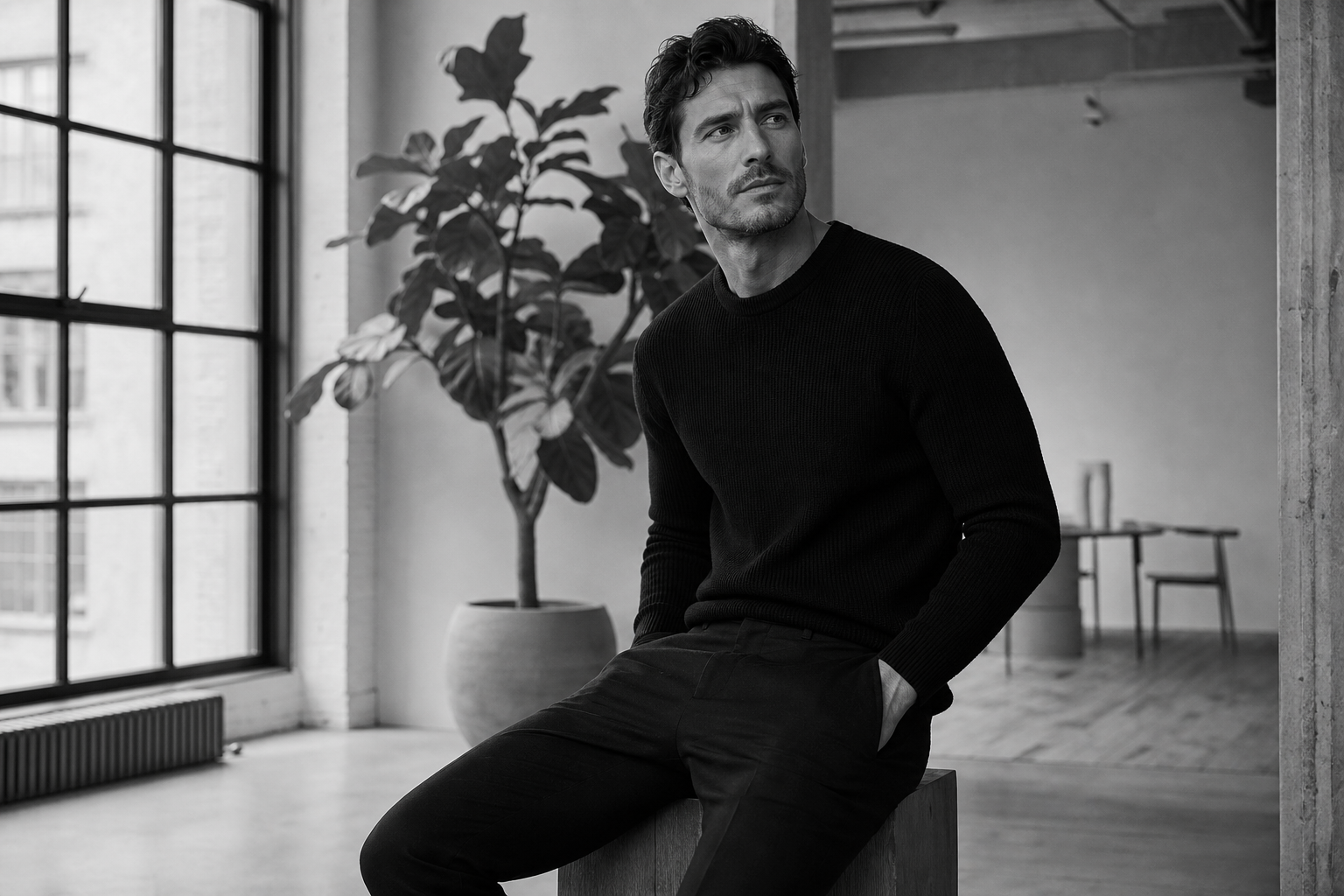 Black-and-white editorial portrait