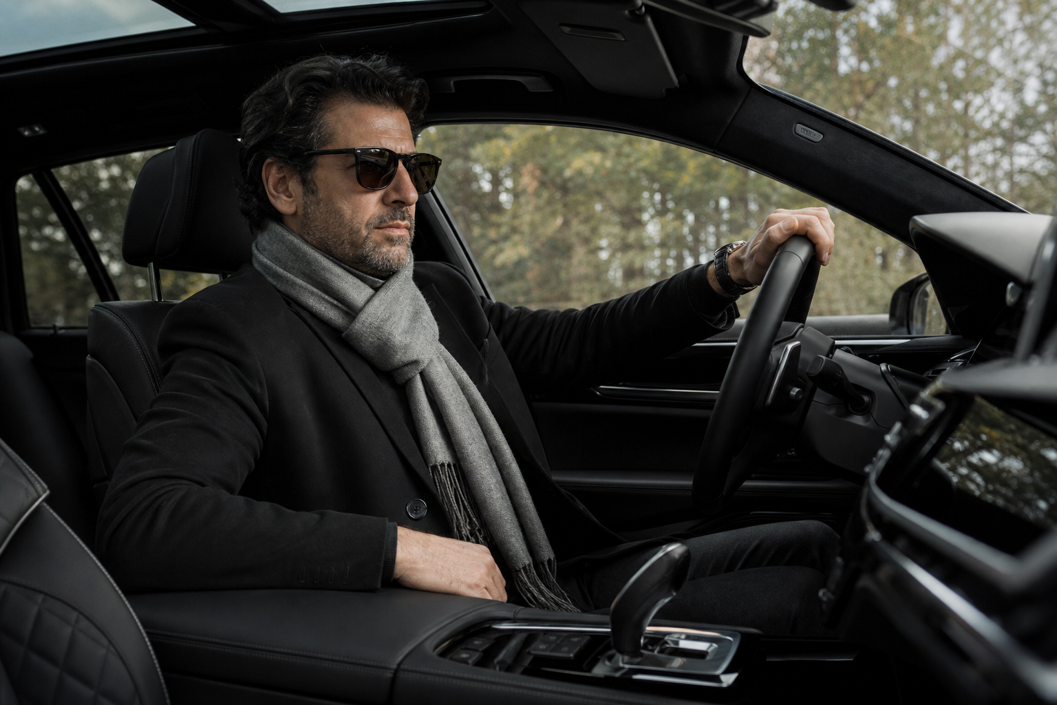 Rich stylish businessman man driving fancy car