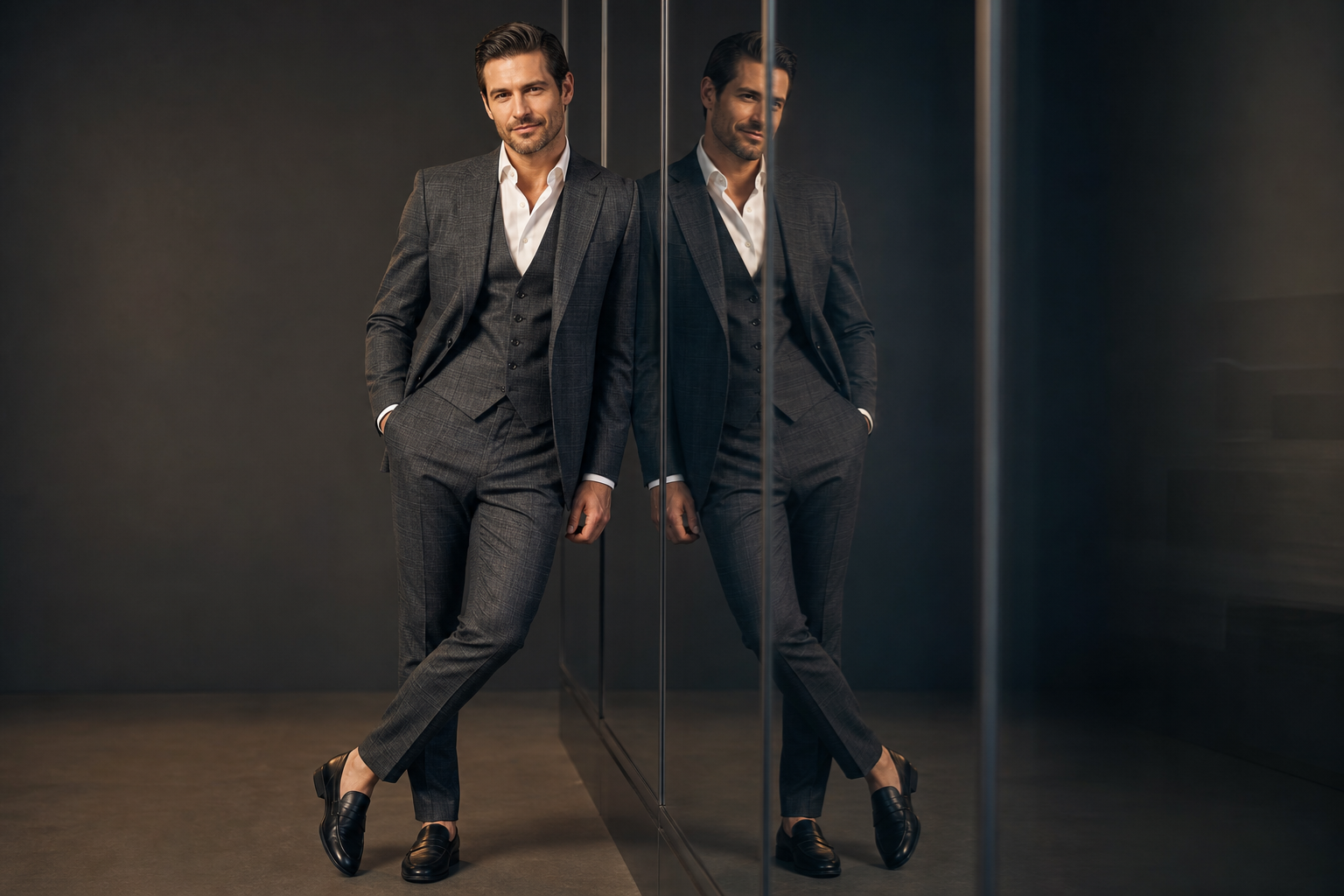 Elegant man in suit with reflection