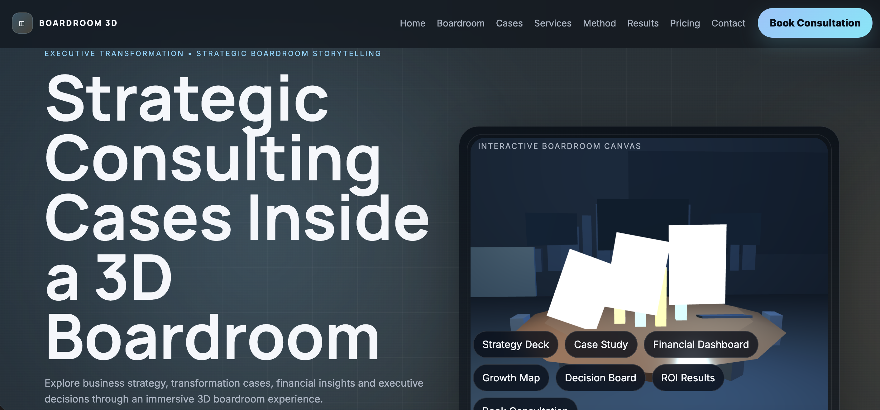 3D Freelance Landing for Consultant with Case Room and Testimonial Videos