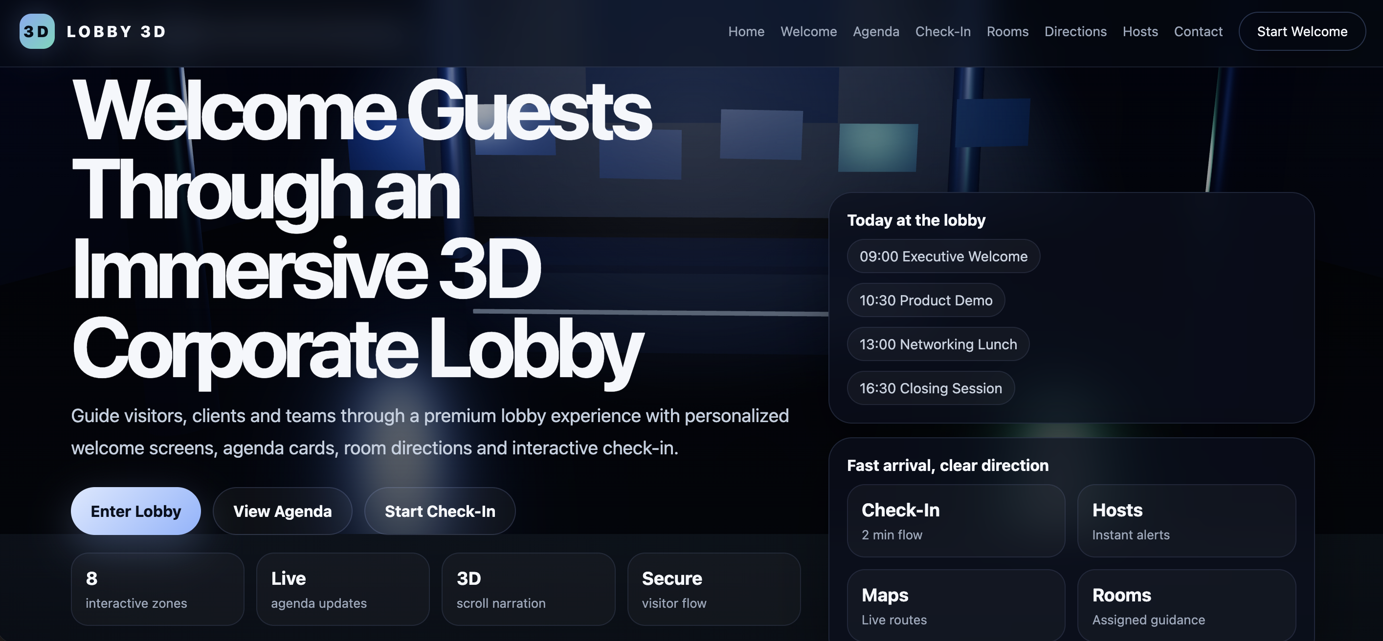 3D Corporate Lobby with Welcome Video and Dynamic Agenda