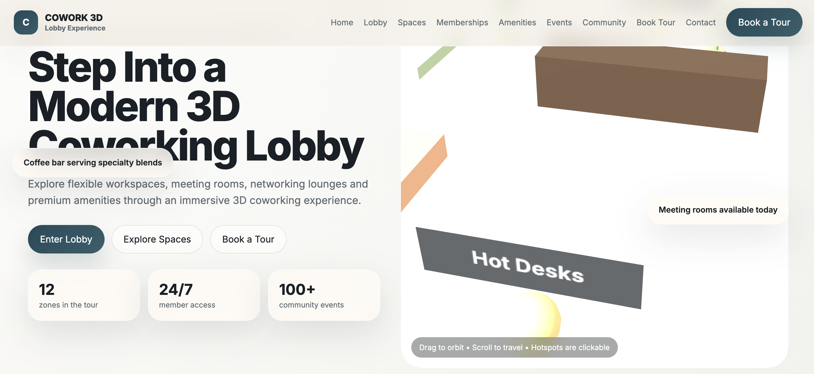 3D Interactive Coworking Lobby with Welcome Videos and Guided Tour - Partner Edition