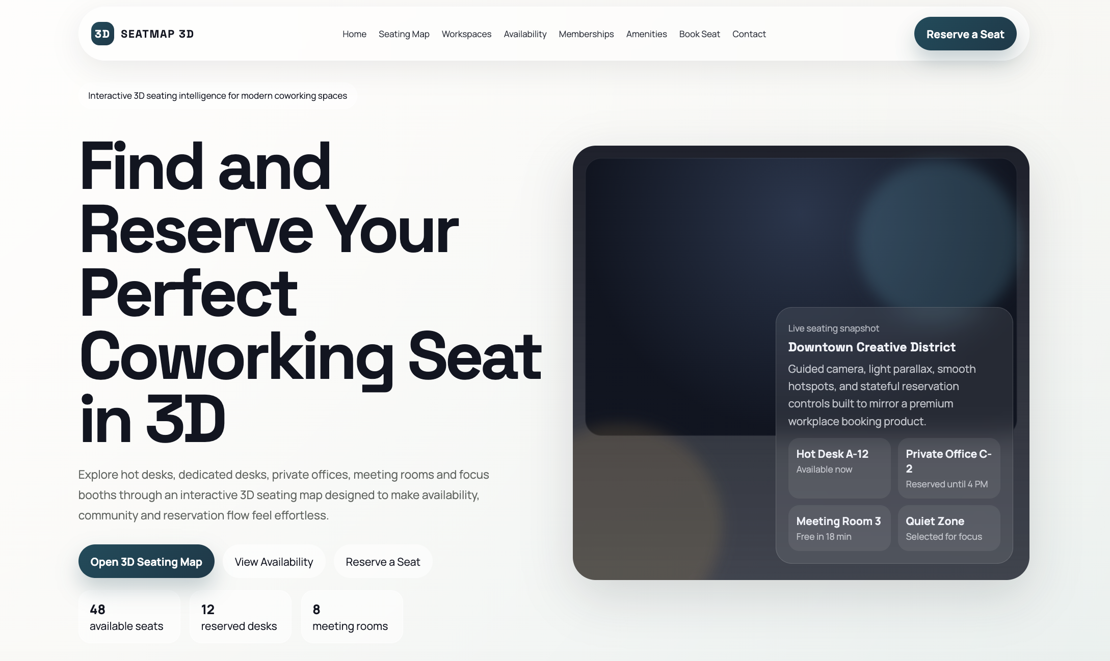3D Coworking Seating Map with Desk Previews and Reservations