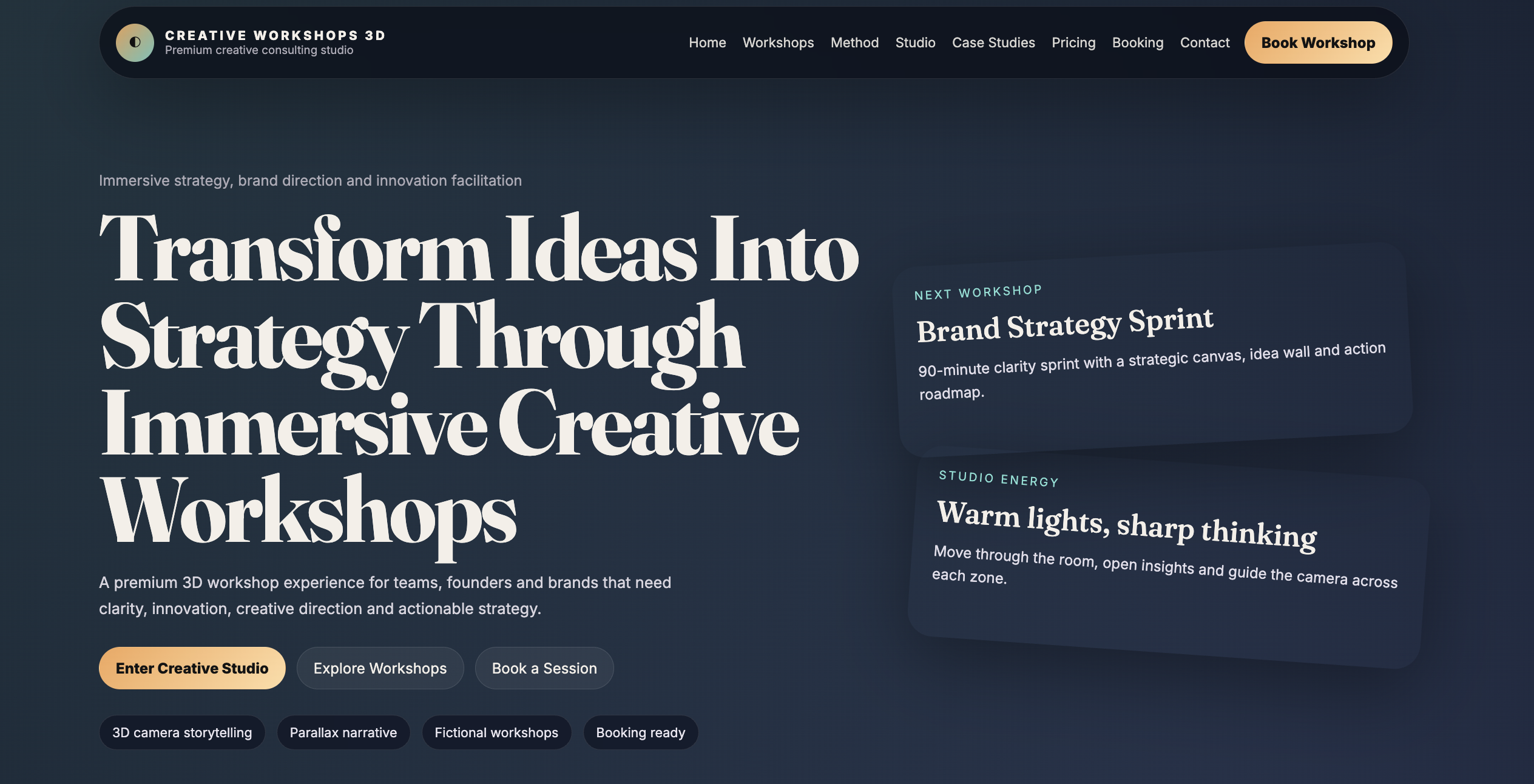 3D Freelance Portfolio for Creative Consultant with Case Room and Workshop Videos