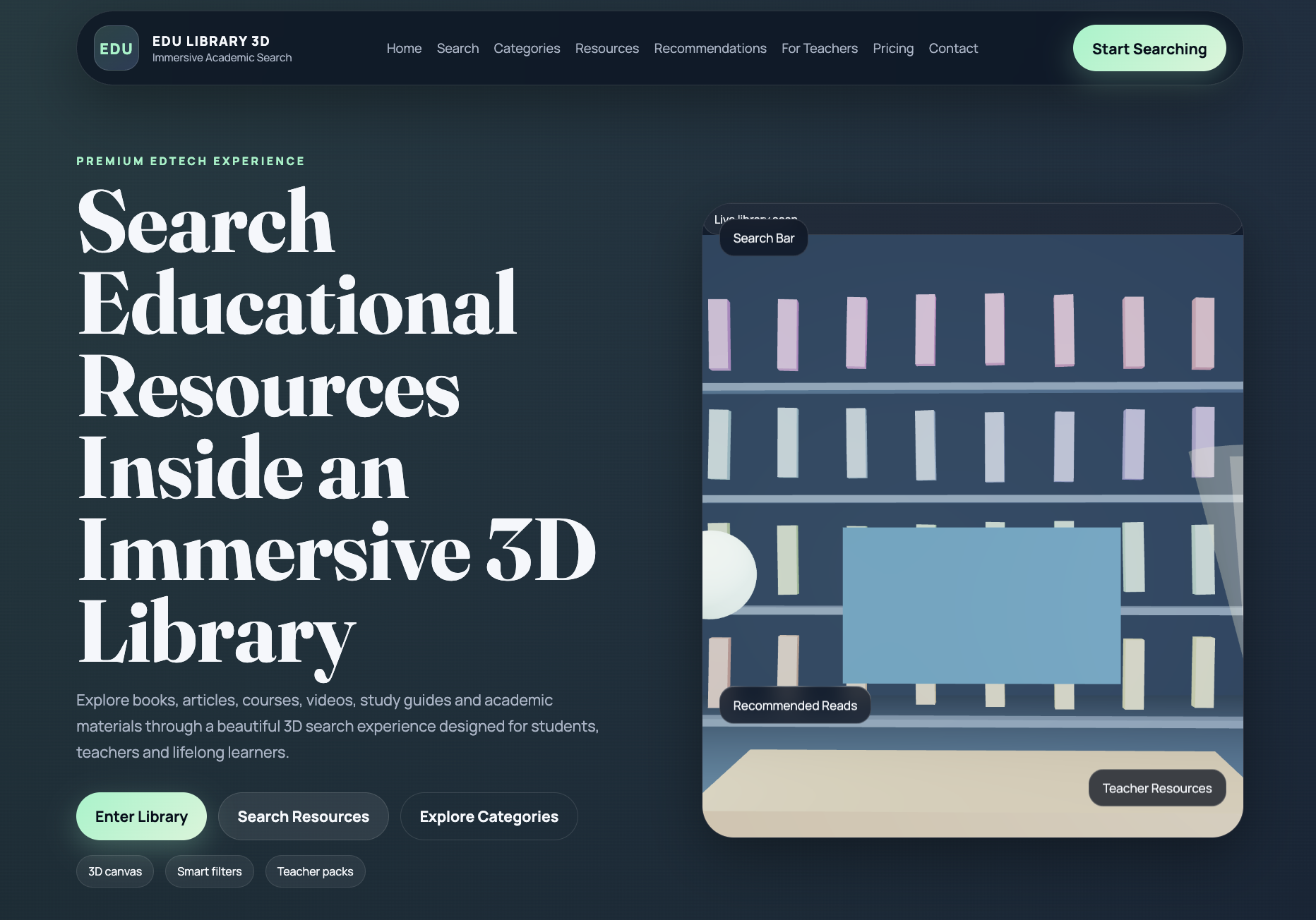3D Light Mode Educational Library with Clips and Semantic Search