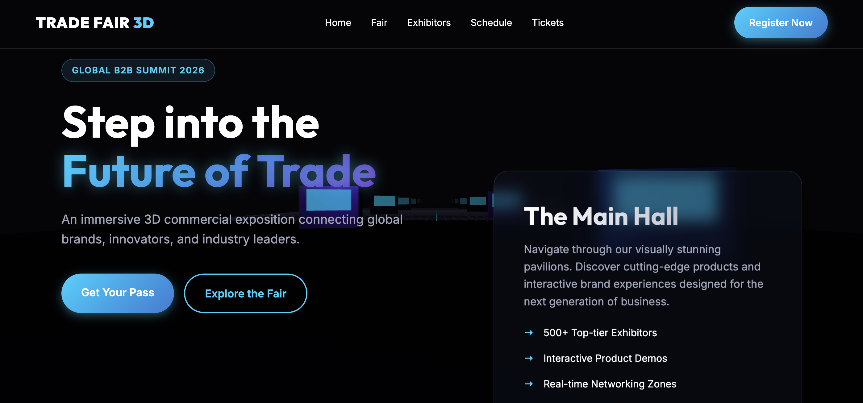 3D Immersive Trade Fair with Pavilions and Product Videos