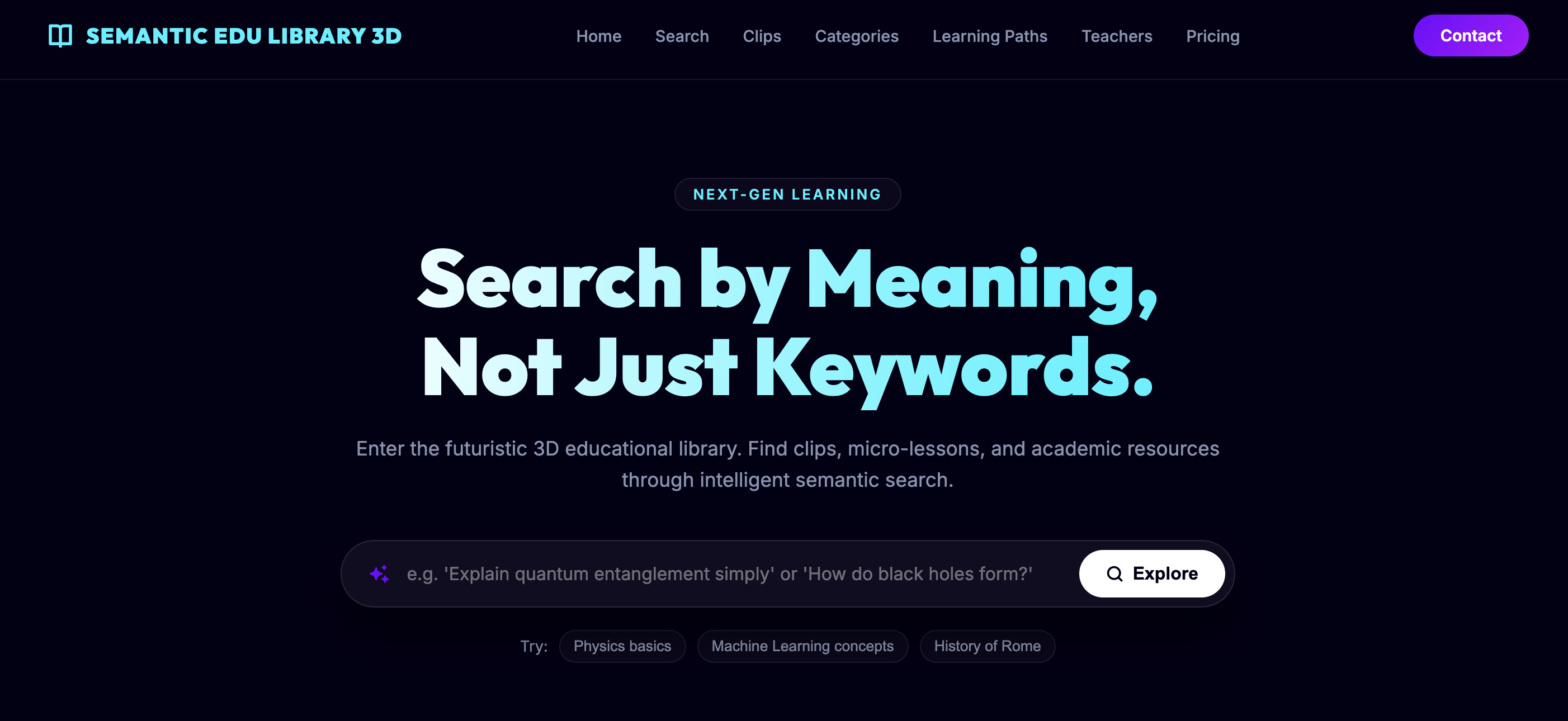 Elegant 3D Library with Educational Video Clips and Semantic Search