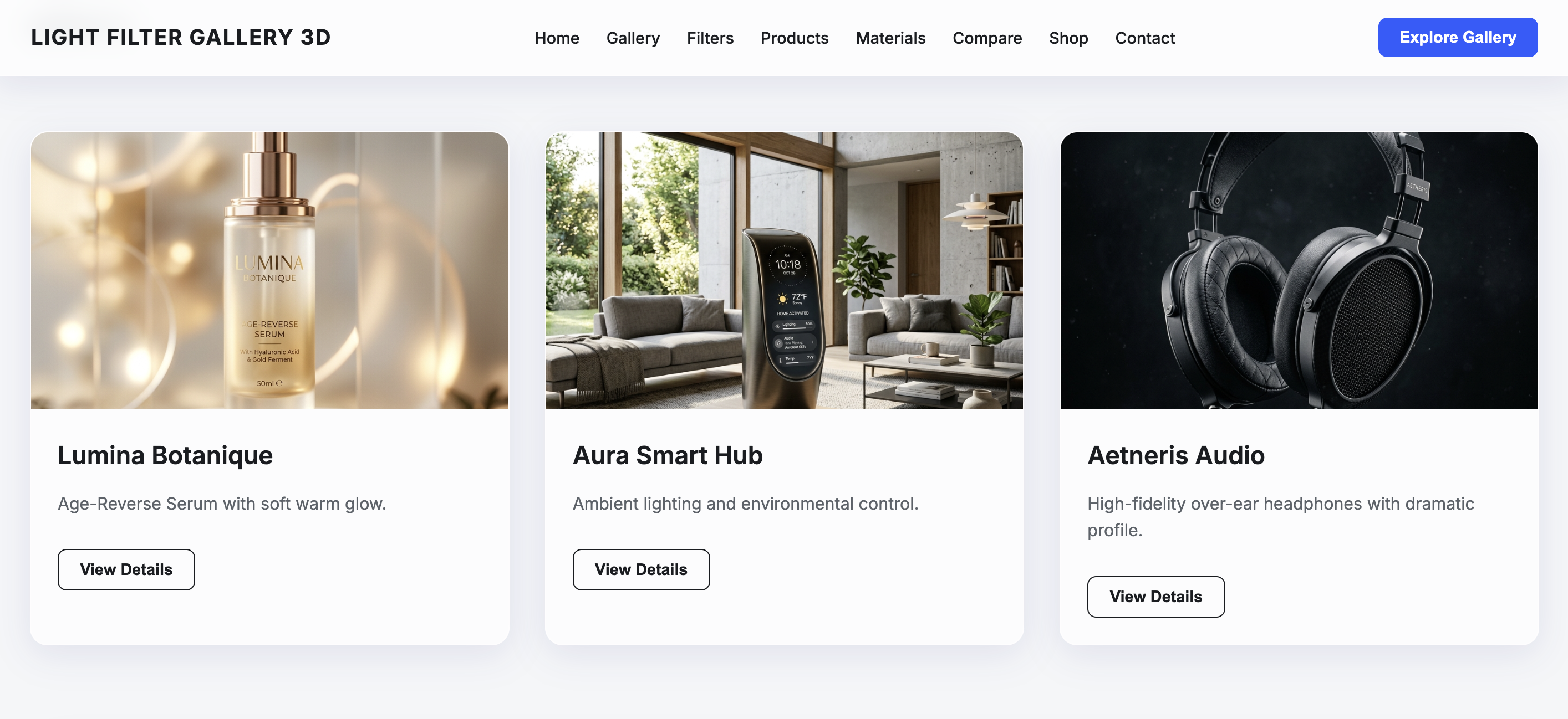 3D Light Mode Product Gallery with Video Projection and Filters