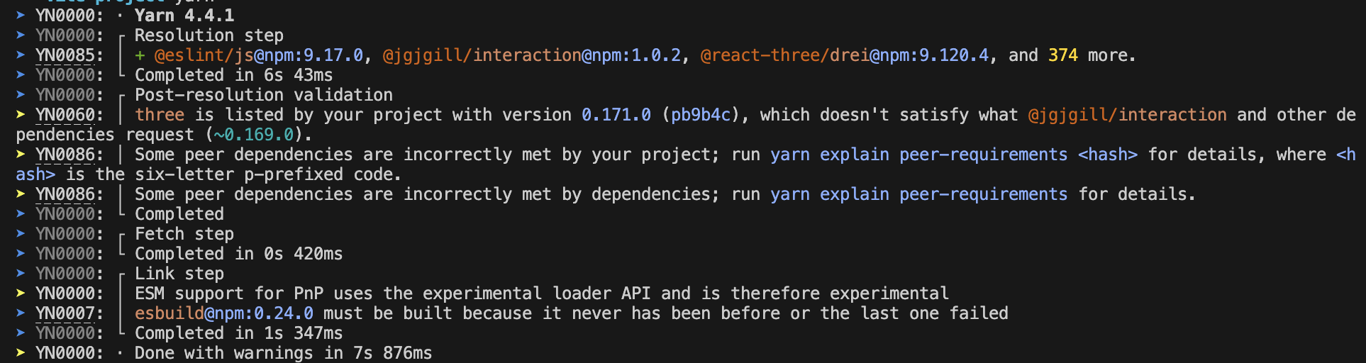 yarn interaction v1.0.2 peerDependencies 경고