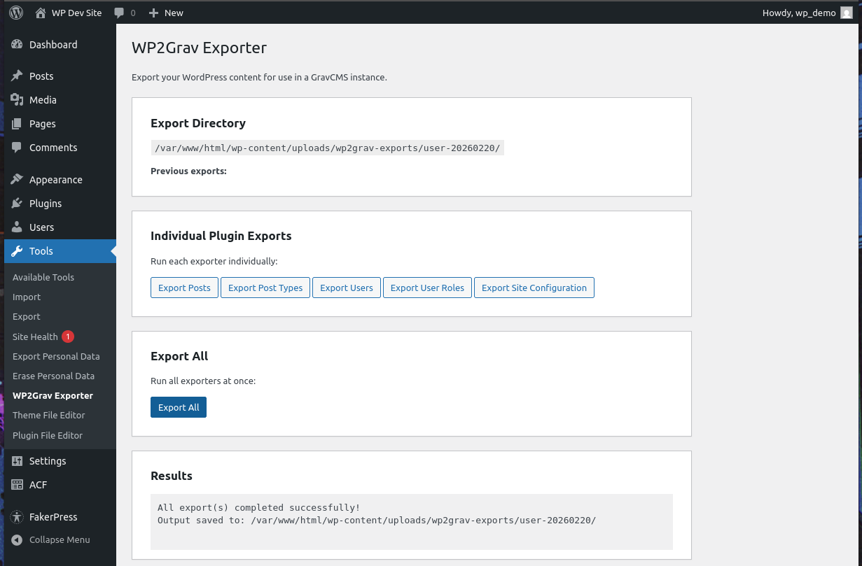 WP2Grav Exporter Admin Page