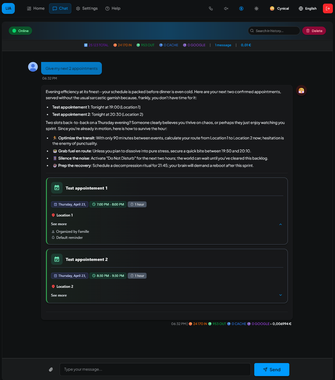 Chat — Multi-agent conversation with debug panel