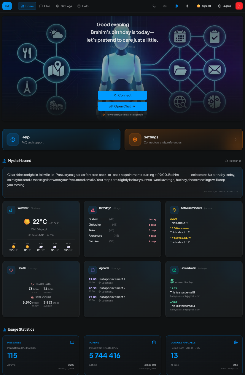 Dashboard — Homepage with usage statistics