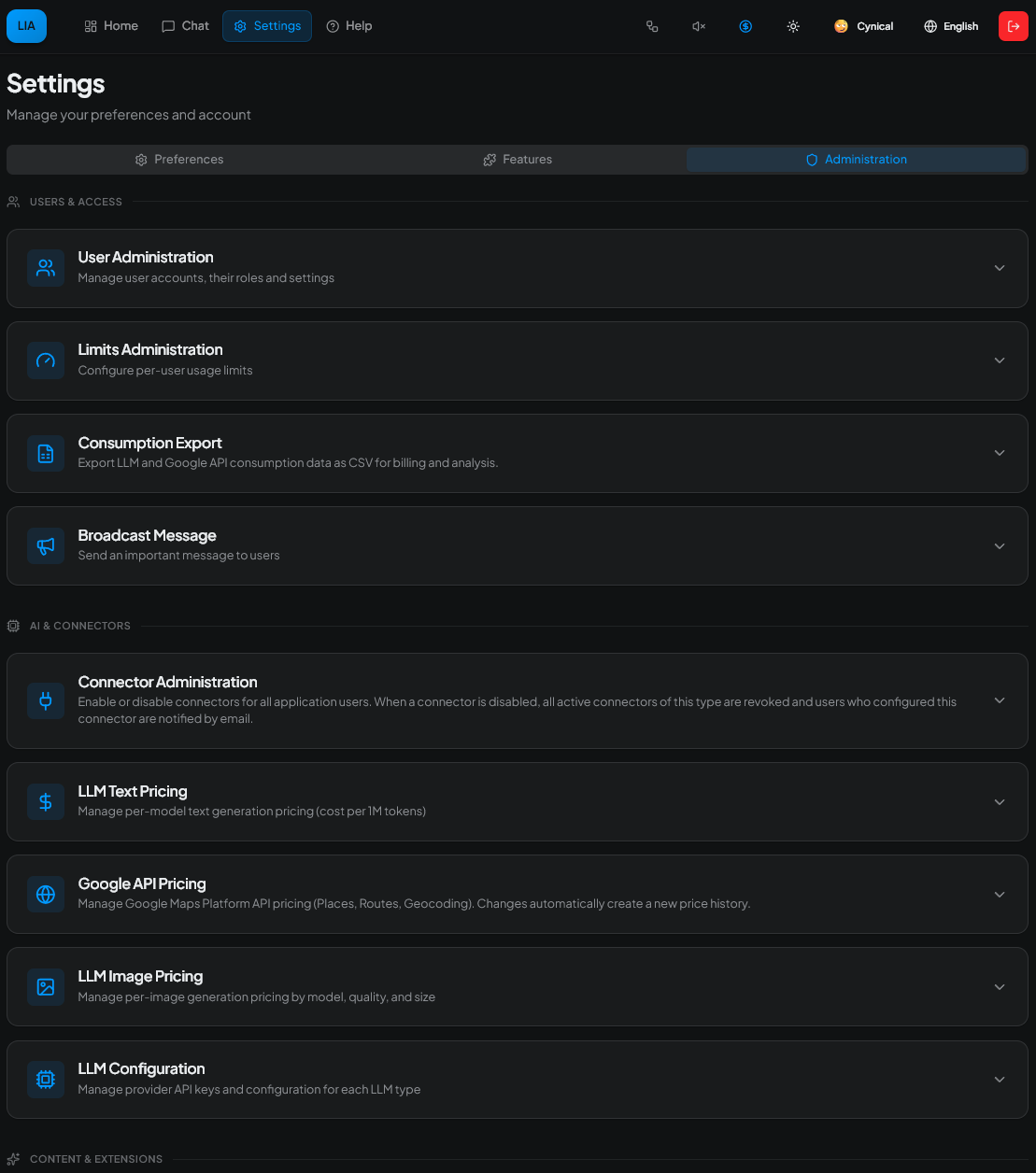 Settings — Administration panel