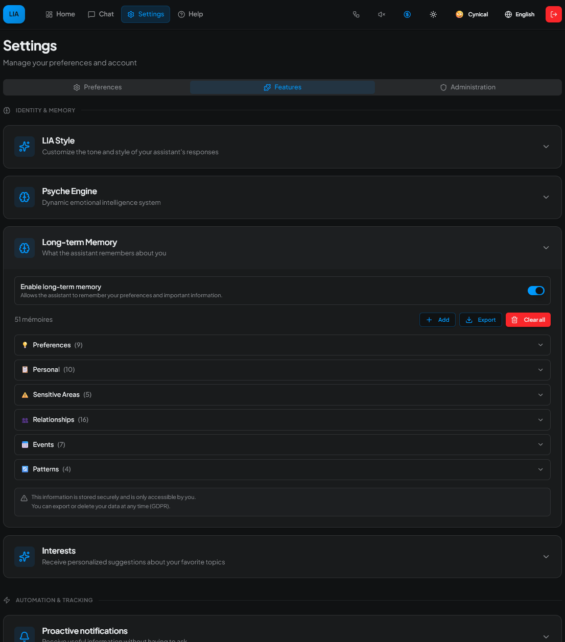 Settings — Features (memory, interests, notifications)