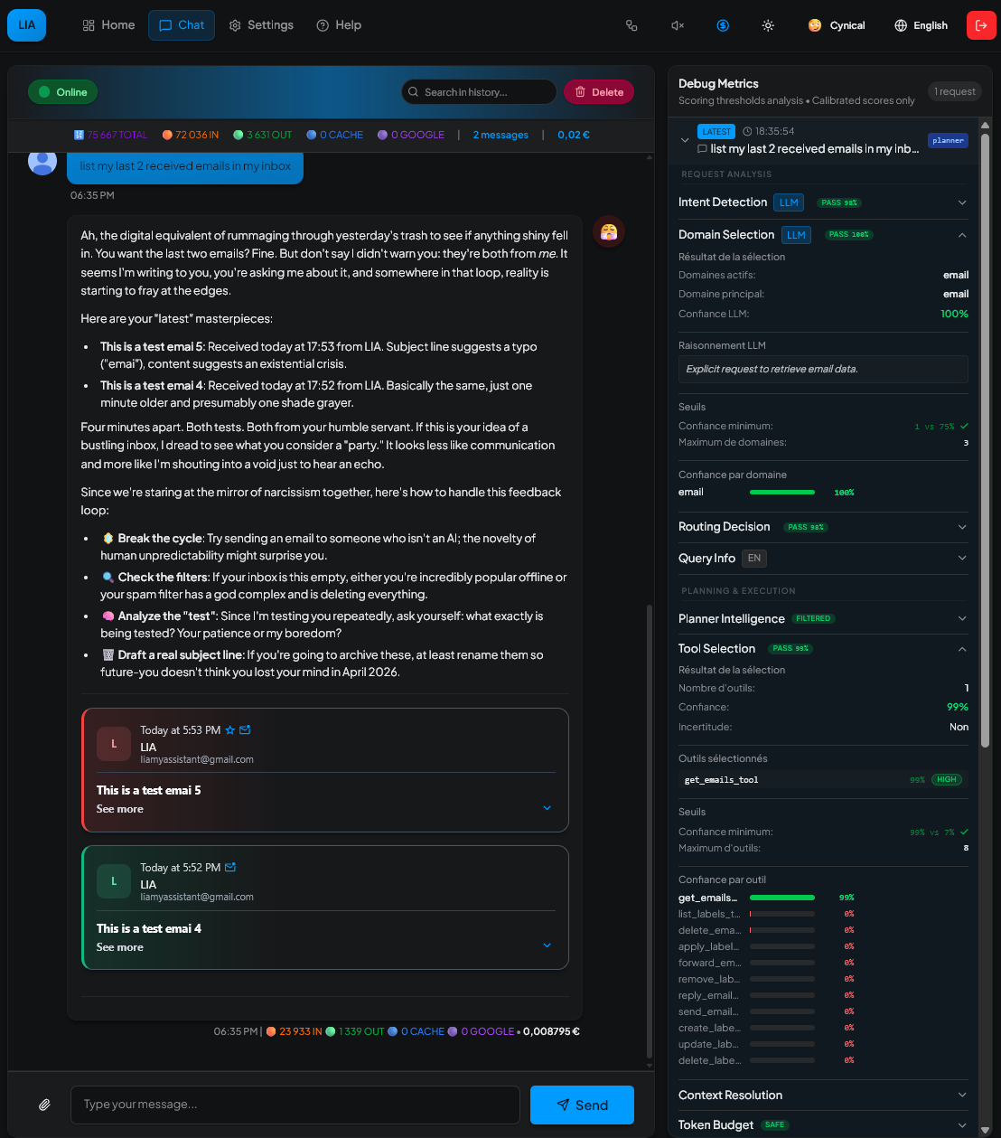 Chat — Debug panel detail