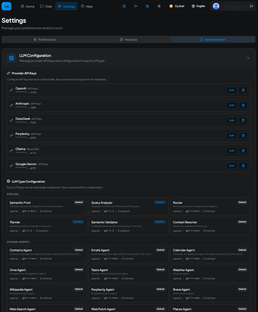 Settings — LLM Configuration with multi-provider support
