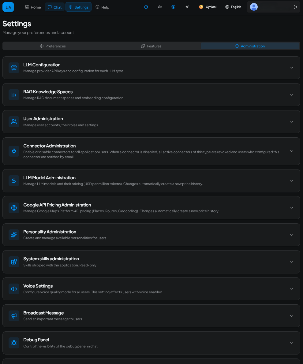 Settings — Administration panel