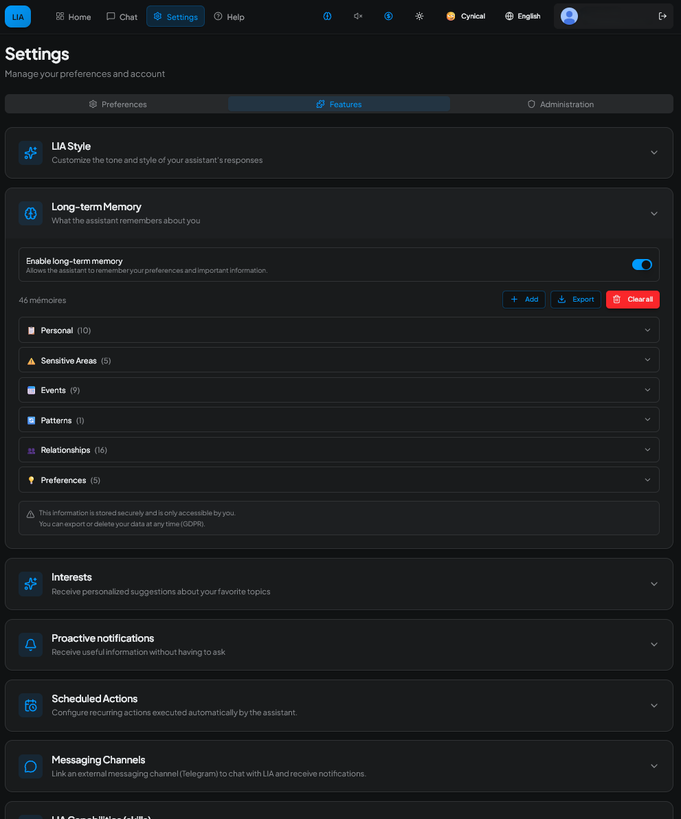 Settings — Features (memory, interests, notifications)