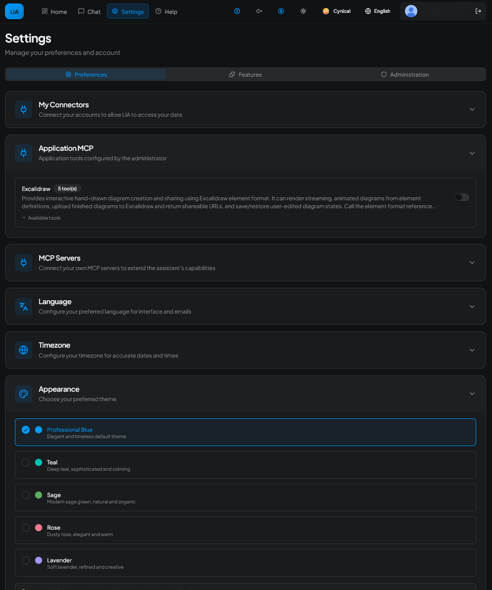 Settings — Preferences (connectors, MCP, themes)