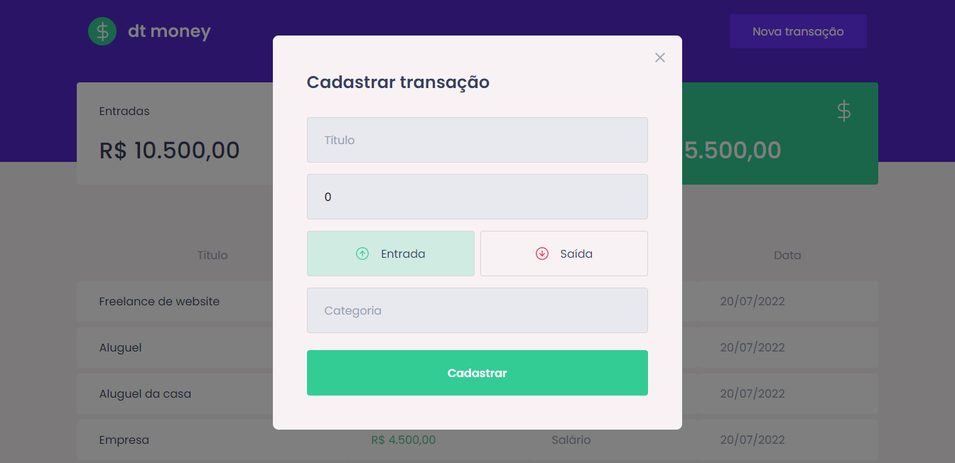 Modal para add transação