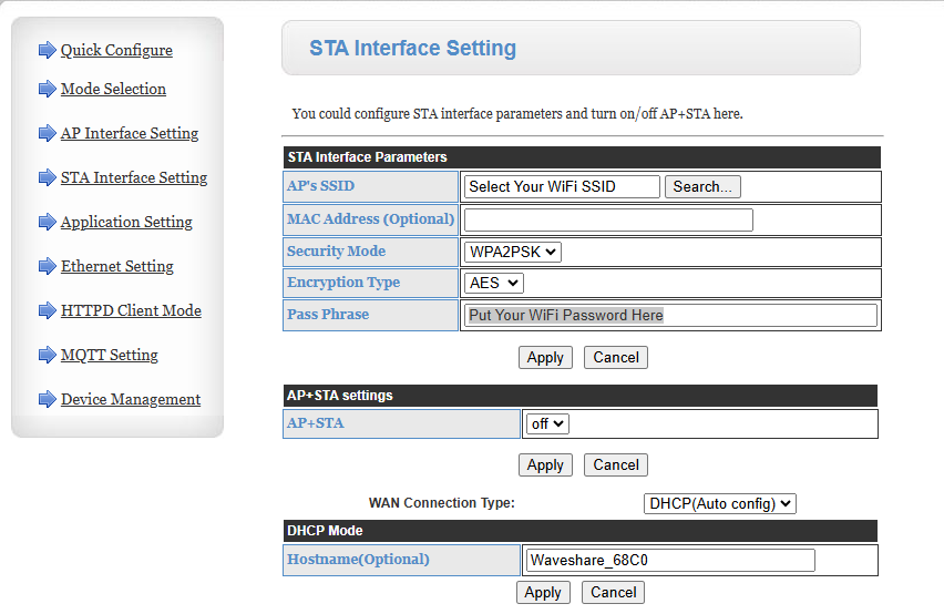 STA Interface Settings