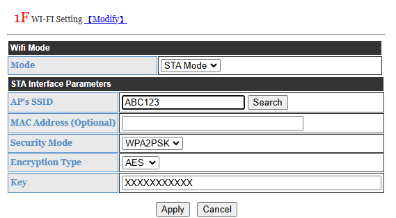 Wifi Settings for STA ModeSTA Interface Settings