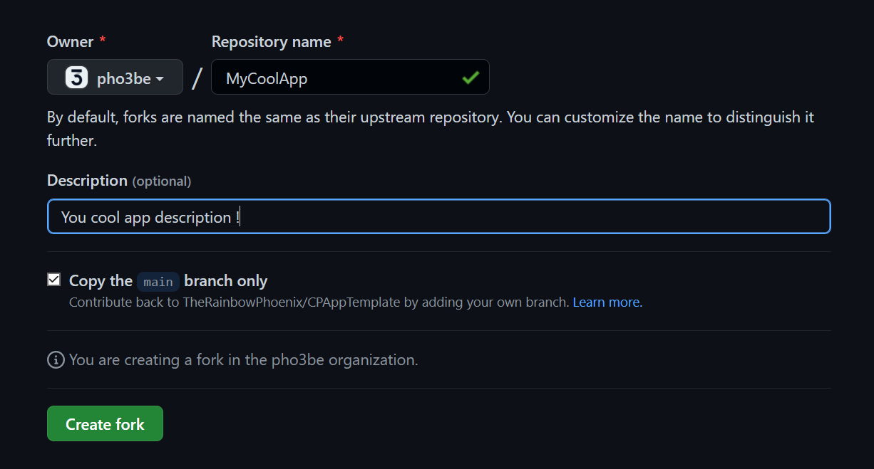 Choose a name, then click Create fork