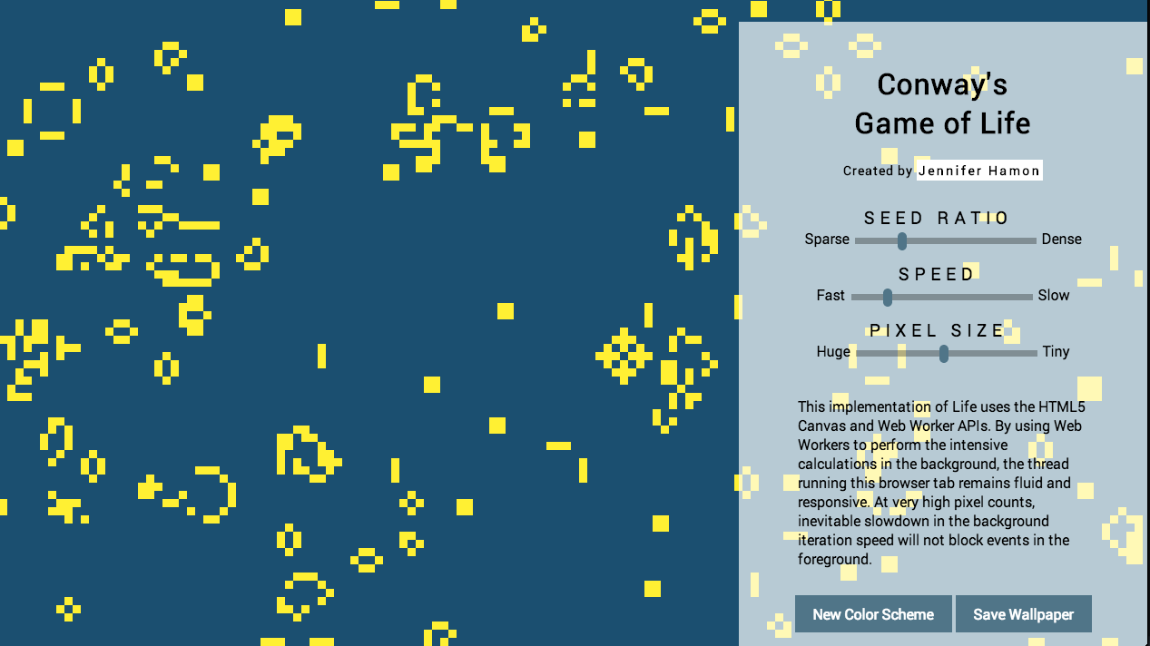 Screenshot of Conway's Game of Life in javascript and HTML5 canvas