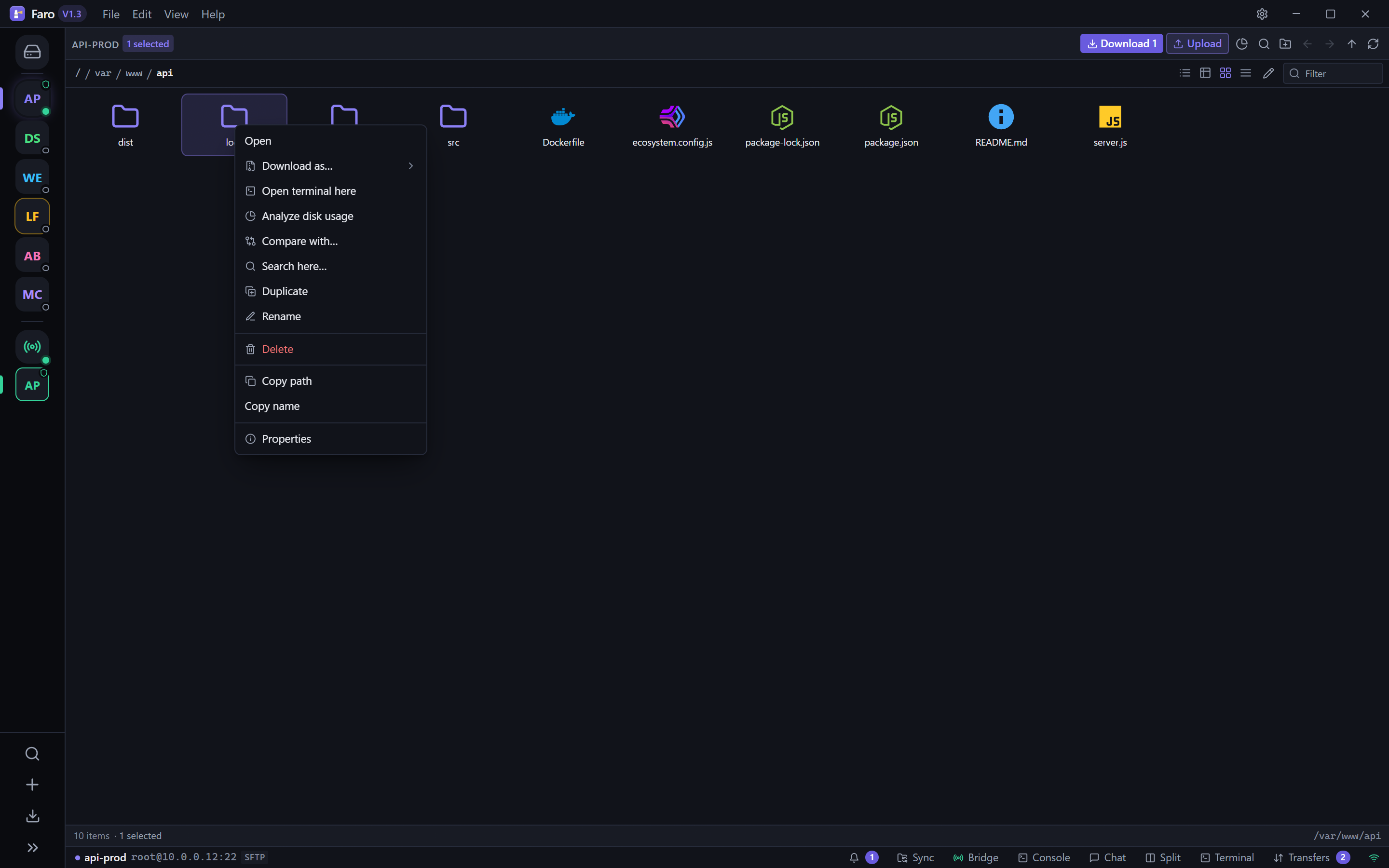 File actions context menu