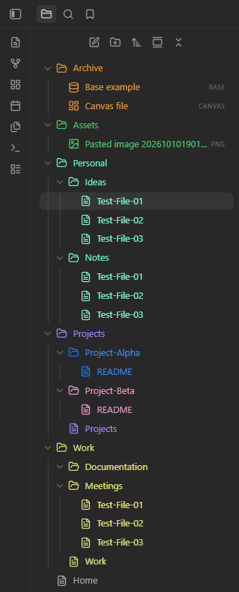 The same Explorer with colored names enabled; Project-Alpha is blue and Project-Beta is pink under purple Projects.