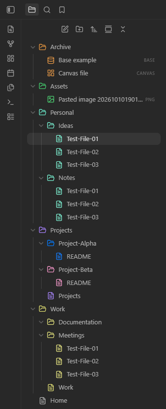 Explorer with colored folder and file icons, native names and child-folder overrides.