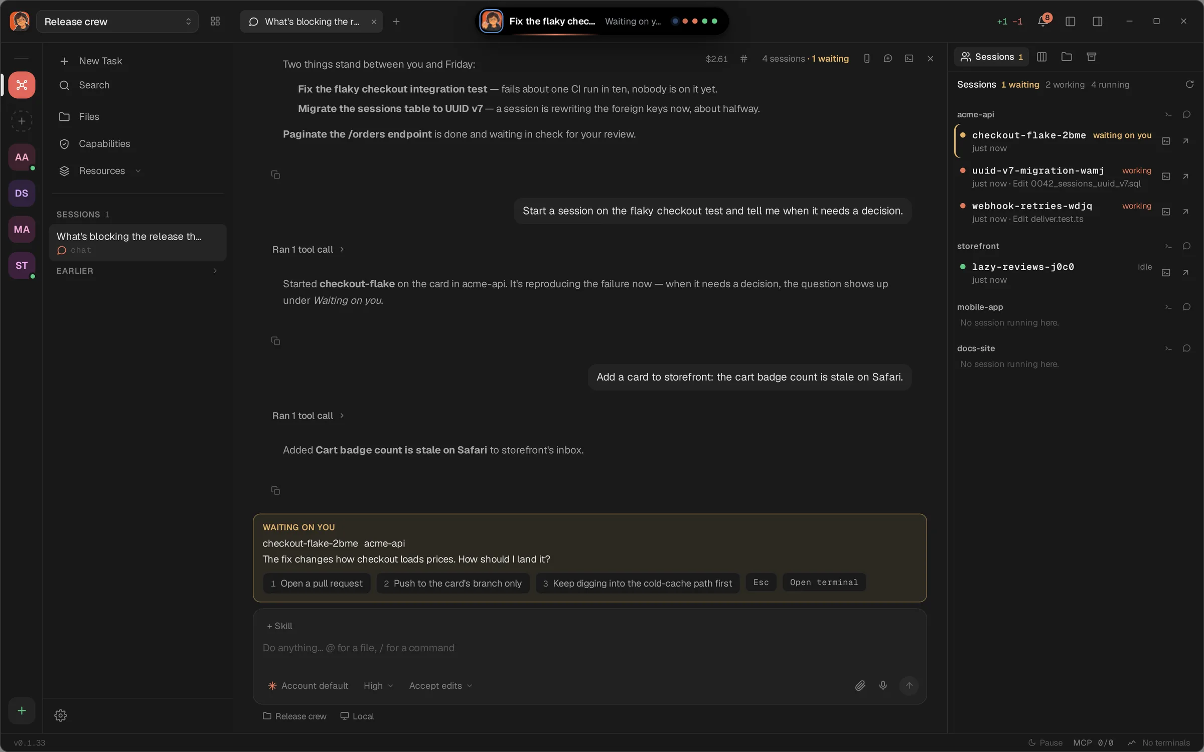 devpit's orchestrator chat beside a project board, with agent sessions running in terminals